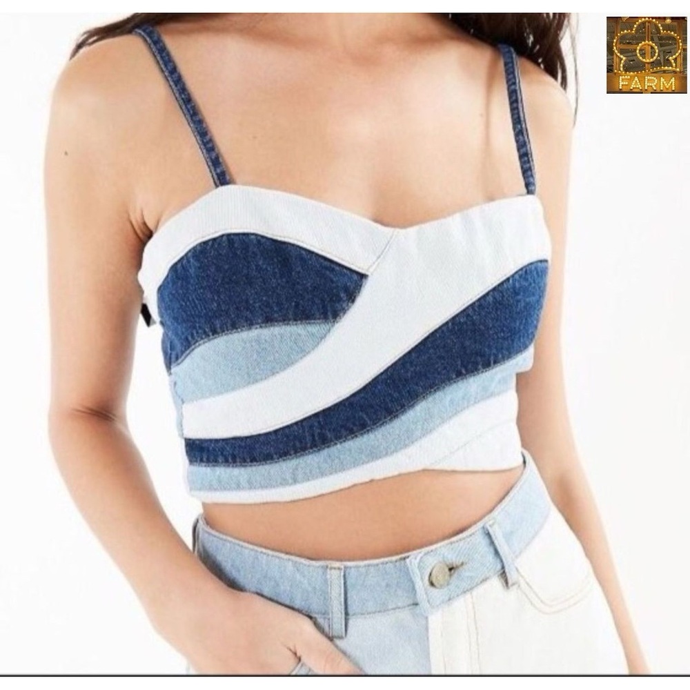 FARM Rio Blue Sleeveless Crop Bustier Tank Top